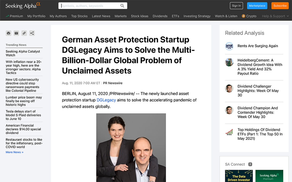 Seeking Alpha, about the German Asset Protection Startup DGLegacy