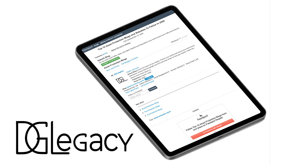 DGLegacy featured in Feedspotone as one of the Top 10 Asset Protection Blogs