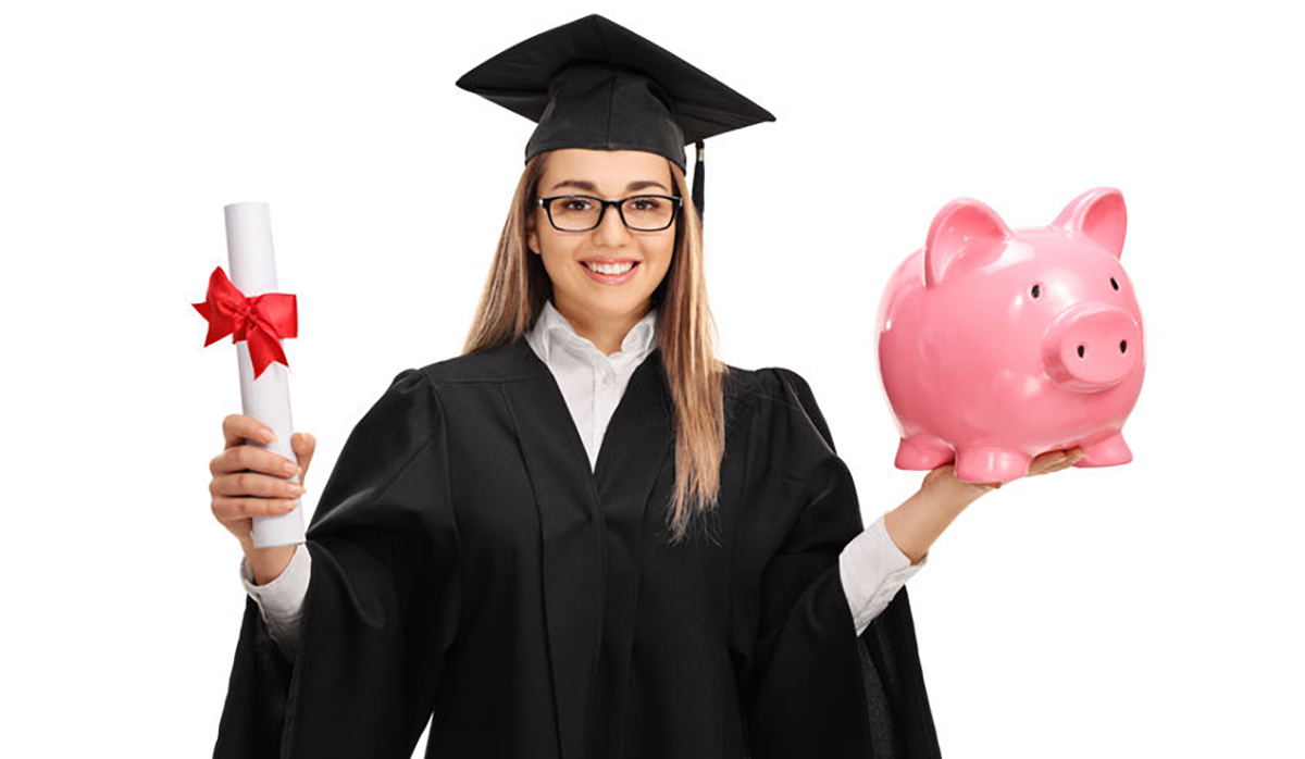 Happy female graduate student holding diploma and piggybank