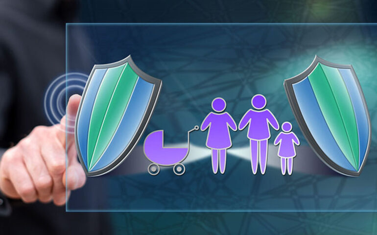 Man touching a family insurance concept