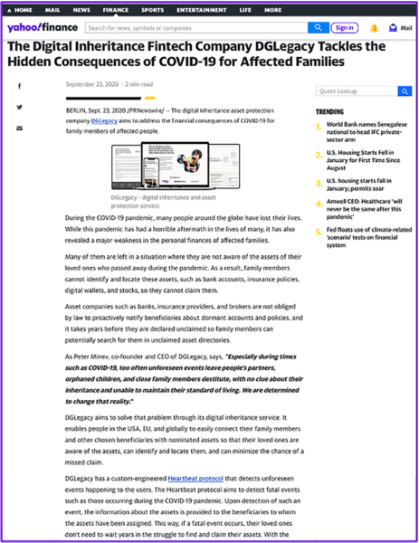 At Yahho Financa, The Digital Inheritance Fintech Company DGLegacy Tackles the Hidden Consequences of COVID-19 for Affected Families