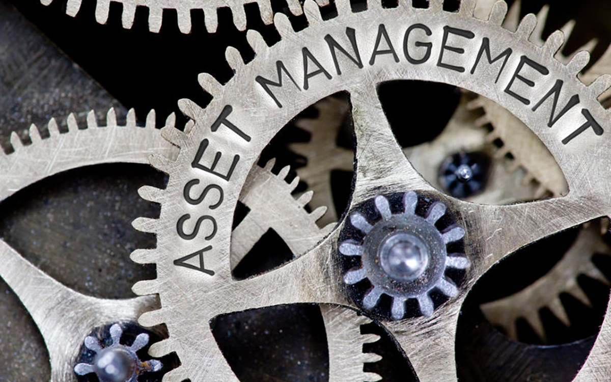 Macro photo of tooth wheel mechanism with ASSET MANAGEMENT concept letters