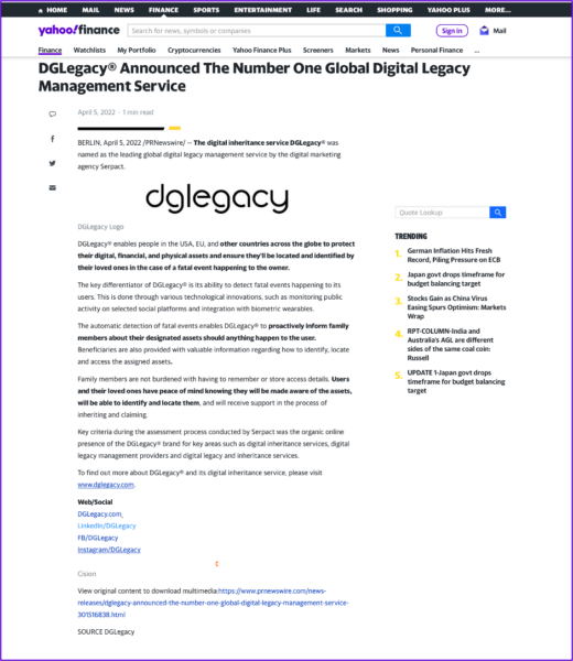 Screenshot of Yahoo Finance news about DGLegacy  - digital legacy management