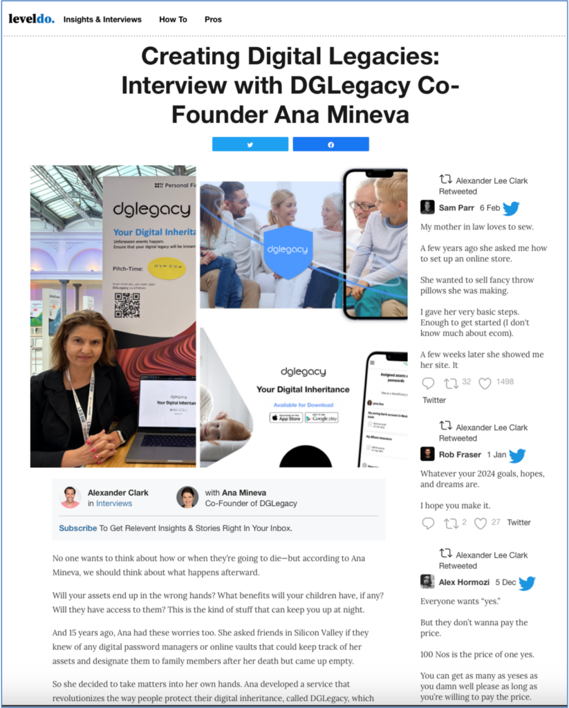 A screenshot of an article "Creating Digital Legacies: Interview with DGLegacy Co-Founder Ana Mineva"