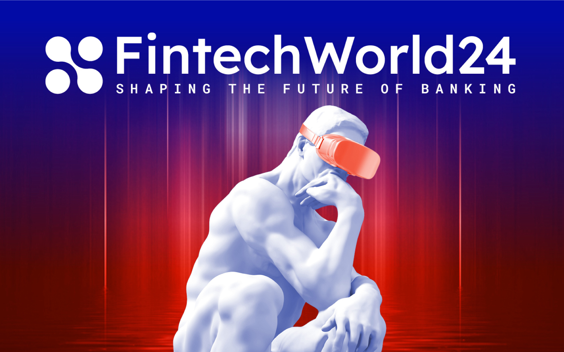 Cover photo for a fintech event, with a male sculpture with VR glasses in front and a background title "FintechWorld 2024"