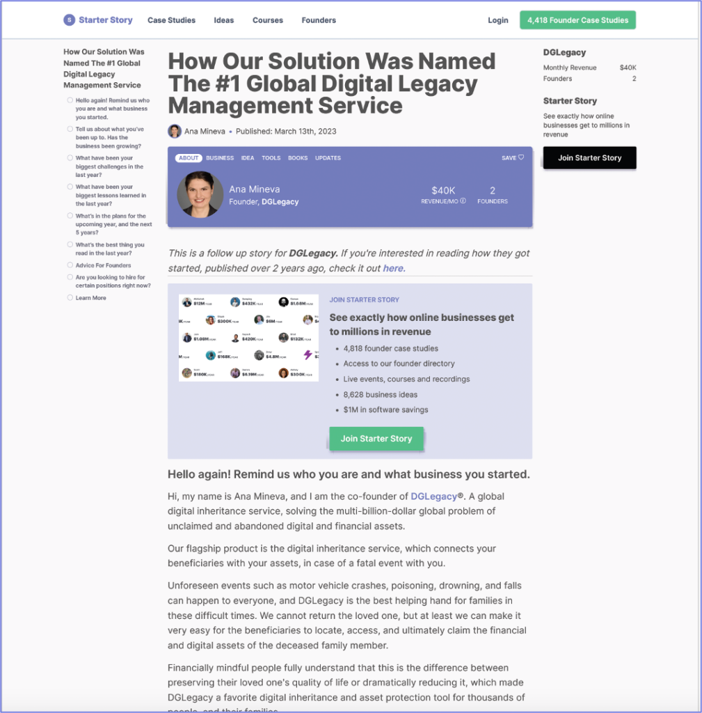 A screenshot of an article "Ana Mineva Shares How DGLegacy® Became the #1 Global Digital Legacy Management Service on Starter Story"