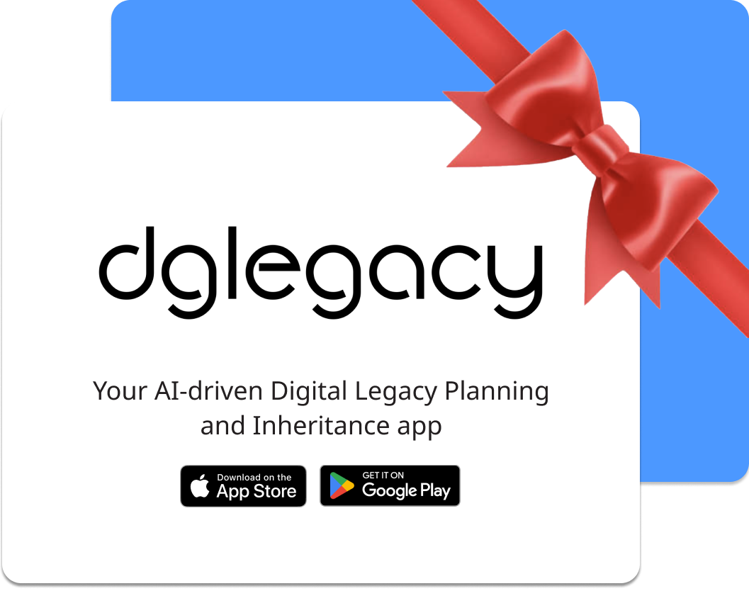 DGLegacy® – A Meaningful Employee Benefit for Digital Legacy and Inheritance Planning DGLegacy® logo with a red gift ribbon, symbolizing the app as a valuable, AI-driven employee benefit for digital legacy planning and inheritance.