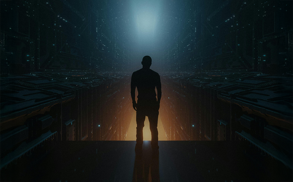 Silhouette of a person facing a glowing digital corridor, symbolizing the uncertainty of digital asset inheritance and the looming risks of unclaimed virtual wealth.
