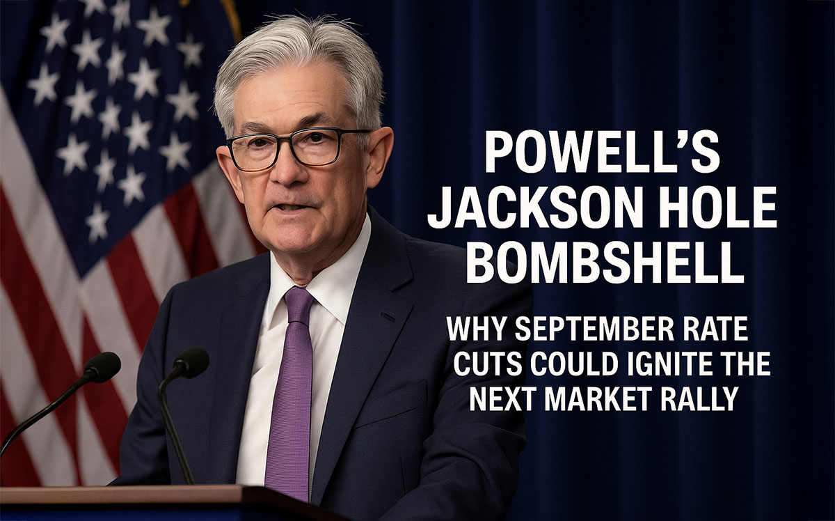 Jerome Powell speaking at the Jackson Hole Economic Symposium, signaling potential September 2025 rate cuts that could spark a major market rally.