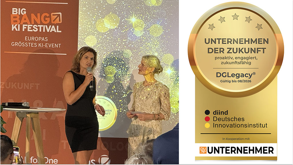 Ana Mineva, the CEO and Co-Founder of DGLegacy®, accepting the “Unternehmen der Zukunft” (Company of the Future) 2025 award at the Big Bang KI Festival, presented by the Deutsches Innovationsinstitut.