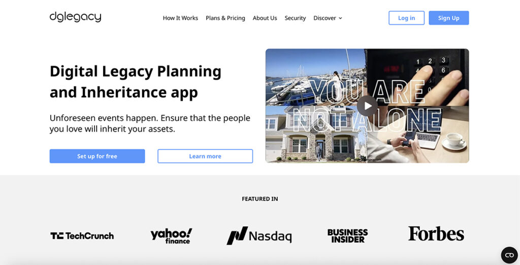 A screenshot of DGLegacy’s homepage showing its digital legacy planning and inheritance app, featuring the tagline “Unforeseen events happen. Ensure that the people you love will inherit your assets.” The page highlights DGLegacy’s recognition by TechCrunch, Yahoo Finance, Nasdaq, Business Insider, and Forbes.