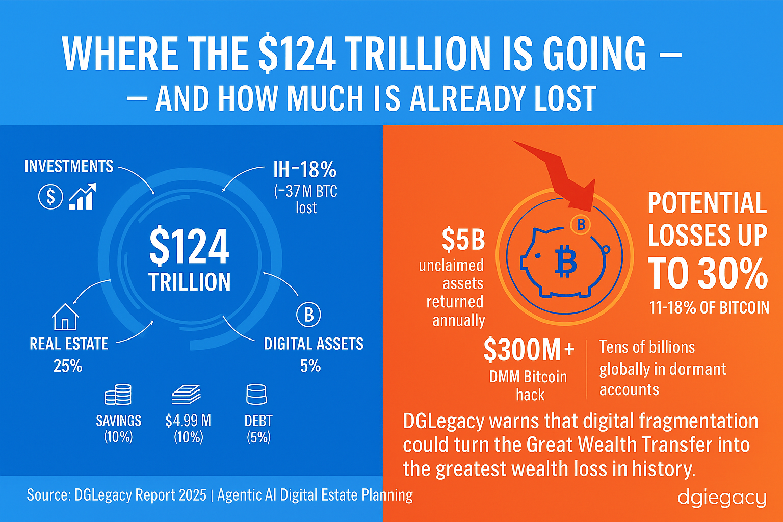 Infographic image for the DGLegacy Report 2025 article showing symbolic wealth transfer and digital inheritance theme in soft blue-orange tones.