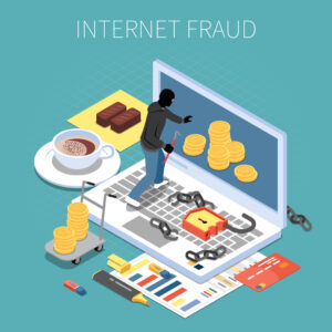 Illustration of a masked hacker stealing digital coins from a laptop, symbolizing online fraud, cyber threats, and the growing need for secure digital inheritance and asset protection.