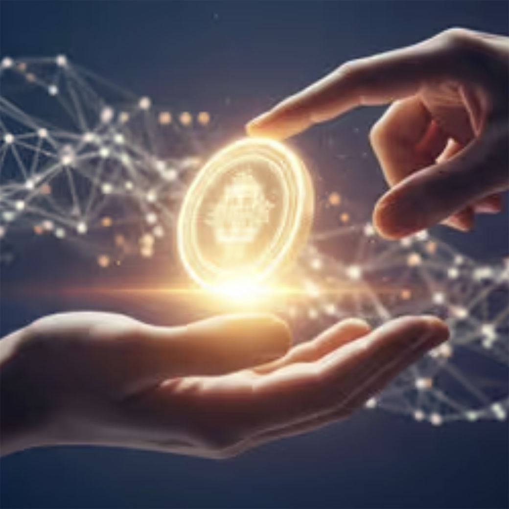 One hand passing a glowing digital coin to another over a network of connected light nodes, symbolizing digital asset inheritance