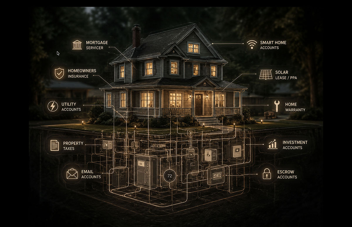 Diagram of an inherited home showing hidden financial and digital records as underground connections — mortgage servicer, homeowners insurance, utilities, property taxes, email, smart home, solar lease, home warranty, investment and escrow accounts