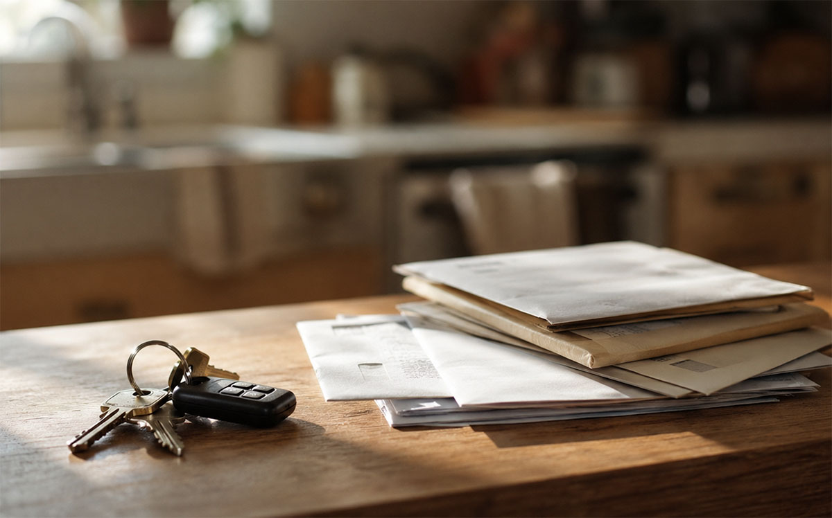 The hidden records behind an inherited home House keys and a stack of unopened mail on a kitchen counter in an inherited home.