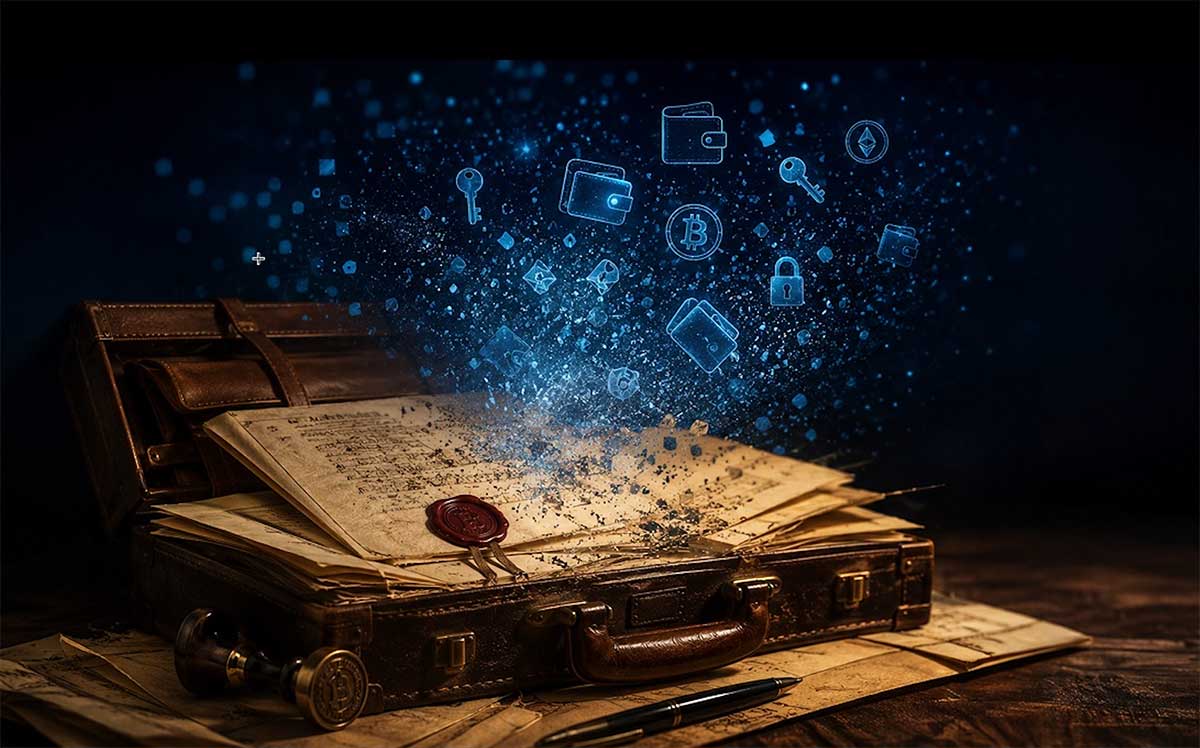 AI-generated illustration of an antique glowing book surrounded by digital and cryptocurrency icons, symbolizing invisible digital inheritance — as featured in Ana Mineva's Lex.bg article