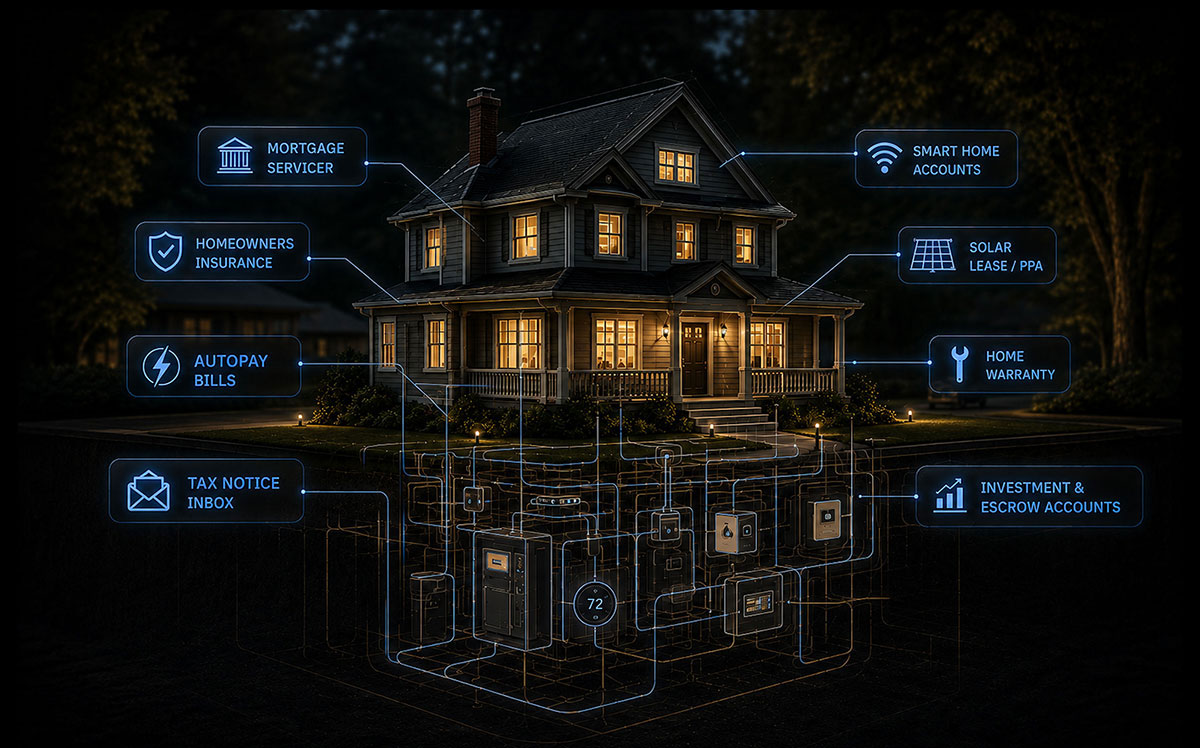 Diagram of a house at night linked to eight hidden records: mortgage servicer, homeowners insurance, autopay bills, tax notice inbox, smart-home accounts, solar lease, home warranty, and investment or escrow accounts.