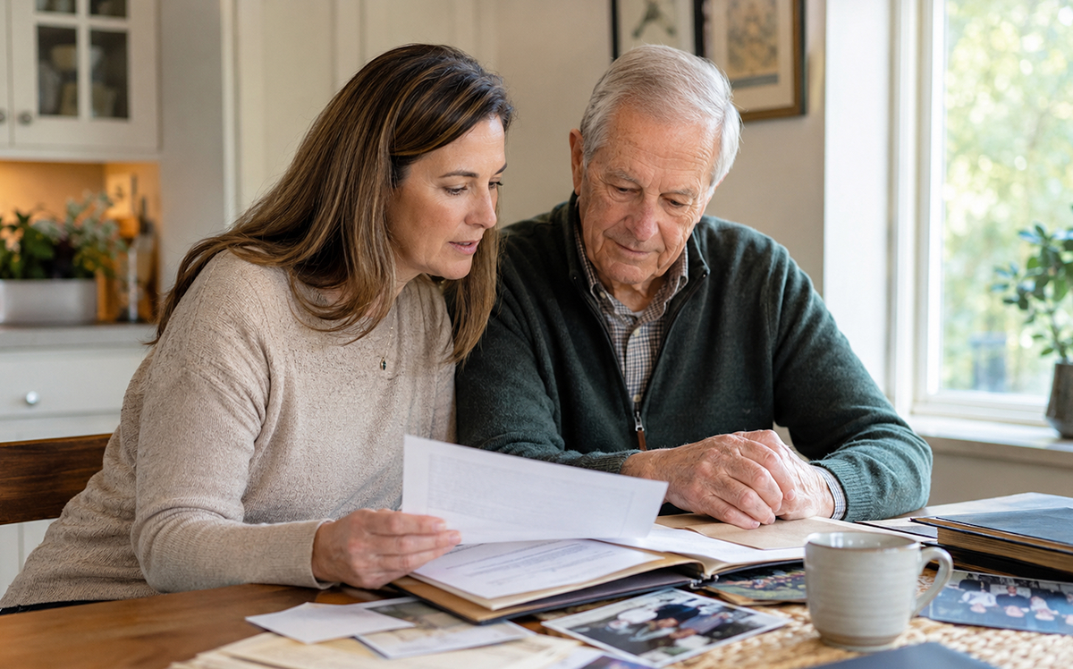 A meaningful inheritance begins with timing and visibility Adult daughter and her father reviewing family documents and photographs together at a kitchen table