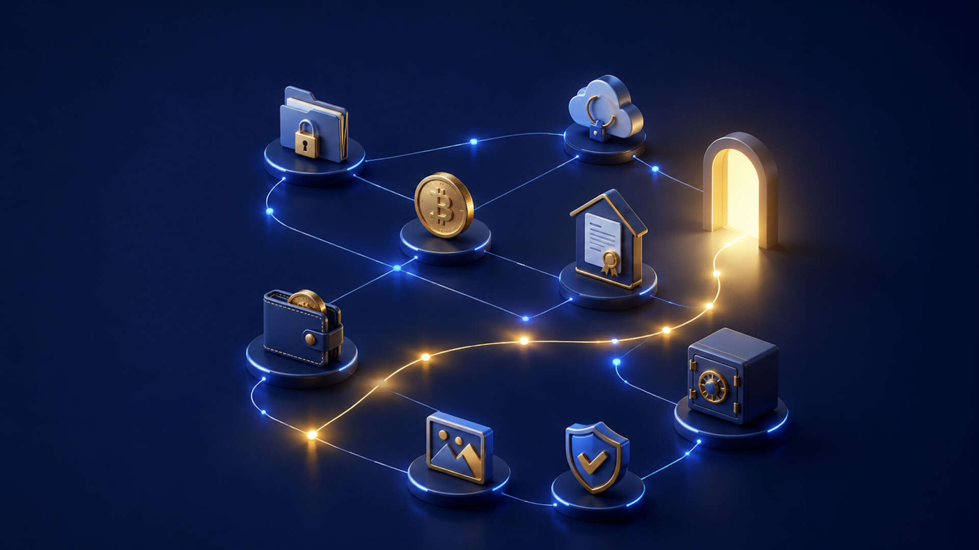 Online accounts connecting cryptocurrency, cloud storage, digital files, property records, and a digital wallet.